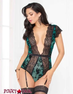 STM-10940, Flocked Mesh And Lace Teddy | Seven 'til Midnight -Roma Shop 10940 GREEN 02 F 94859.1559073750