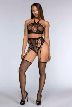 MUSIC LEGS ML-1691, Fishnet Halter Top With Matching Bottom With Attached Stocking