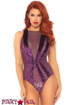 LEG AVENUE LA89236, Velvet And Floral Lace Teddy -Roma Shop 89236 Purple 78000.1542179980