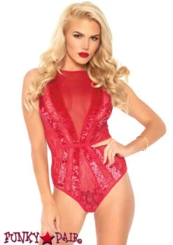 LEG AVENUE LA89236, Velvet And Floral Lace Teddy -Roma Shop 89236 Red 49203.1542179975