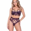 Roma R-LI652, Eyelash Lace And Faux Patent Leather Trim Long Line Bra Set -Roma Shop LI652 91347.1702566745